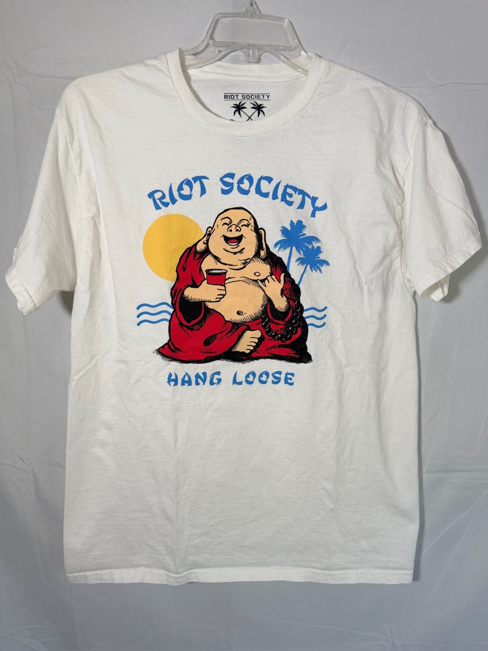 Riot Society White Tee with Red Buddha & Blue Palm Graphics